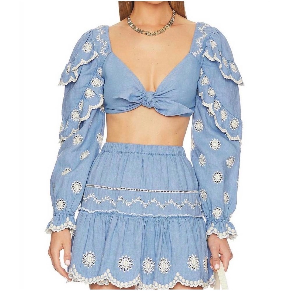 LoveShackFancy Milanti Crop Top Blue Linen Floral Eyelet Ruffle - Medium